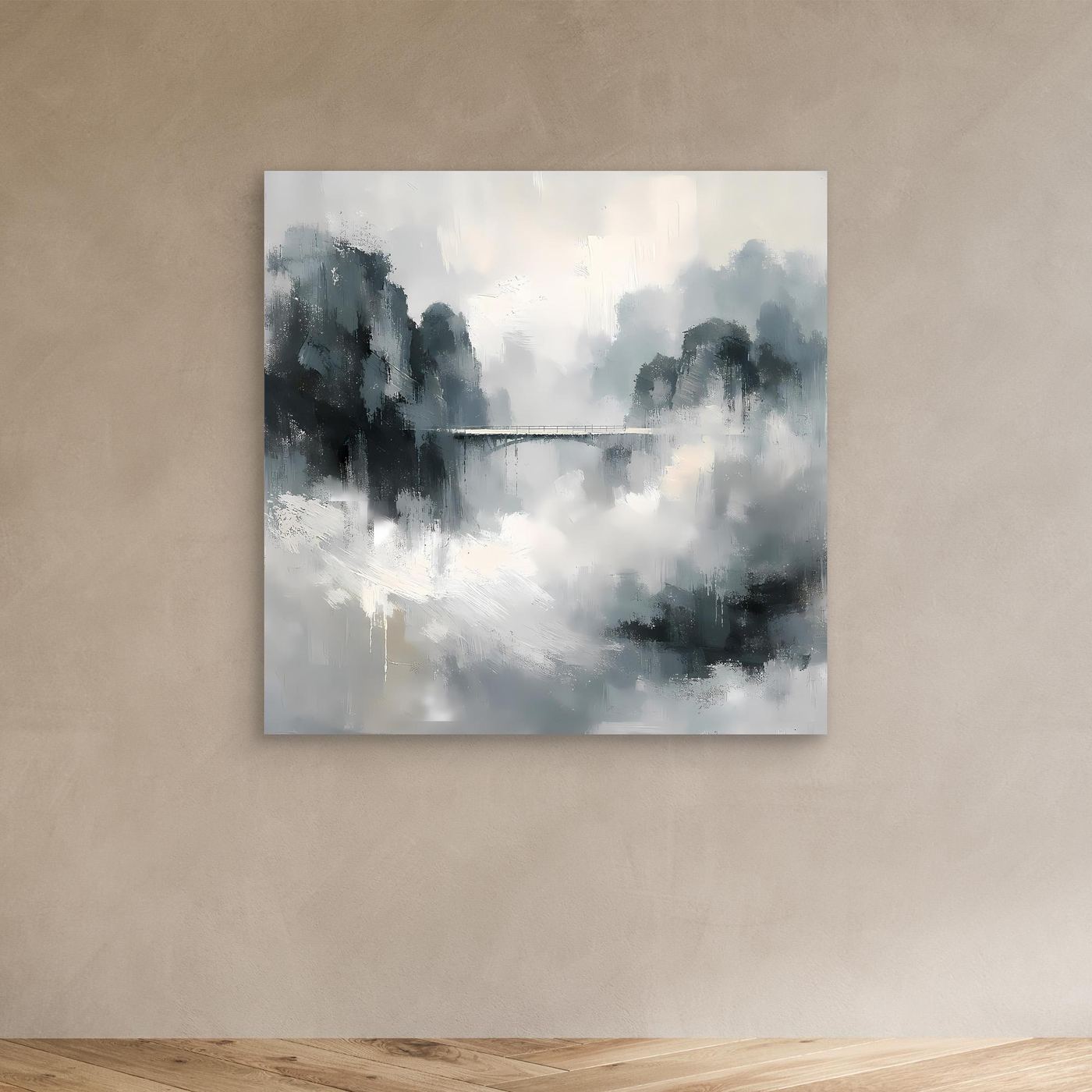 Leinwand Mystische Bergbrücke im Nebel | Abstraktes Natur Wandbild Grau