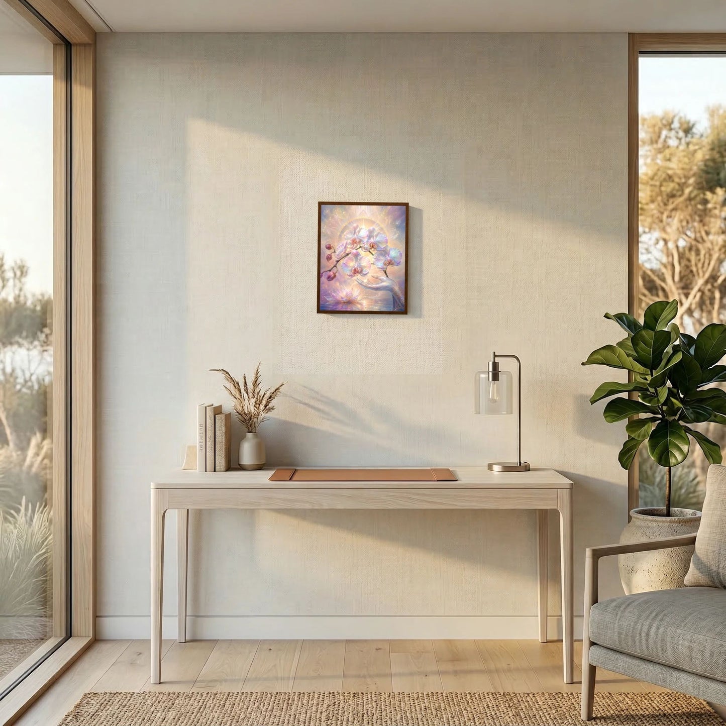 Gerahmtes Hochformat-Kunstposter mit Pastell-Orchideen, Lotus und goldener Lichthalo