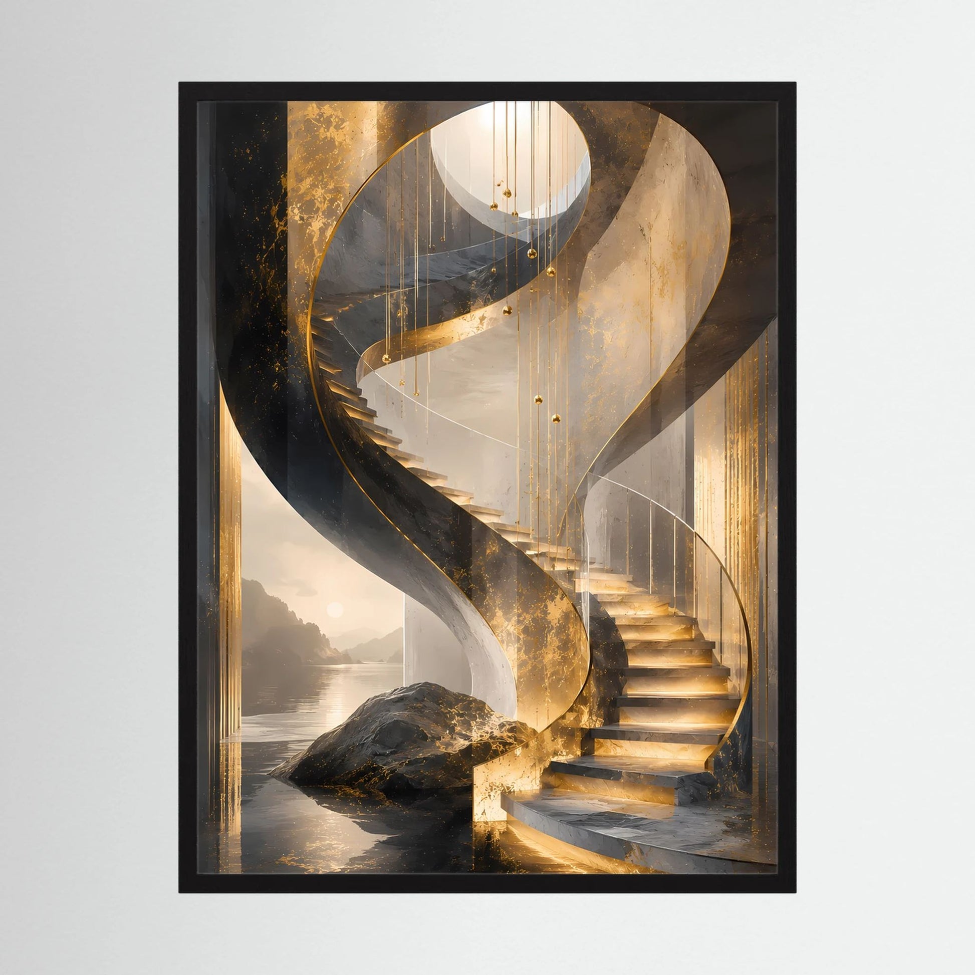 Hochformat-Poster mit schwarzer Wendeltreppe, goldenen Akzenten, cremefarbenem Lichtkreis, schwarzer Rahmen