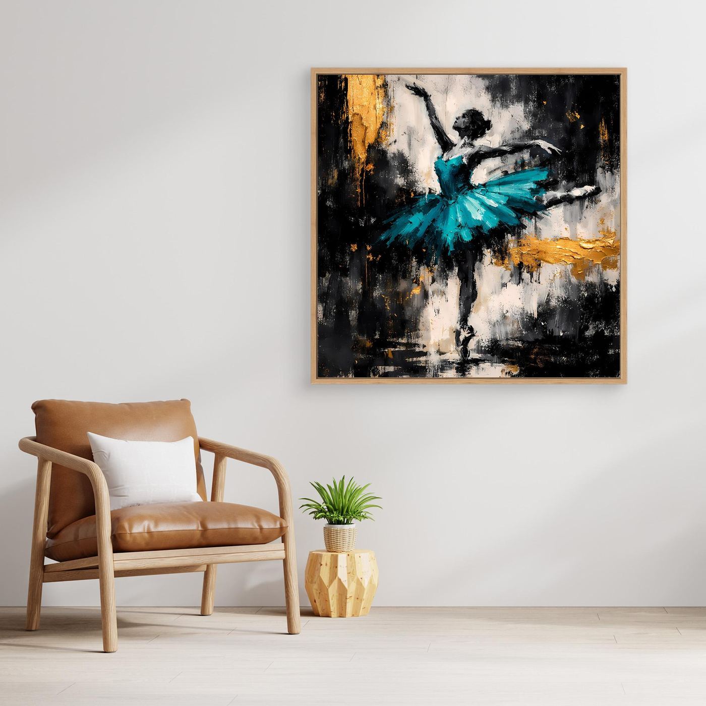Leinwand Abstrakte Ballerina in Türkis und Gold | Modernes Ballett Wandbild mit Tanz-Motiv