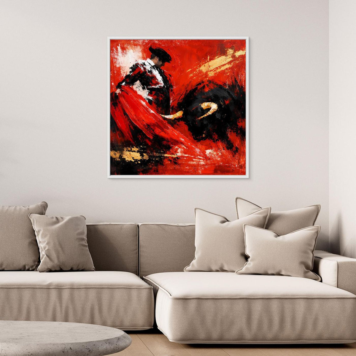 Wandbild: abstrakter Torero und Stier, rote Pinselstriche, goldene Highlights, weißer Rahmen