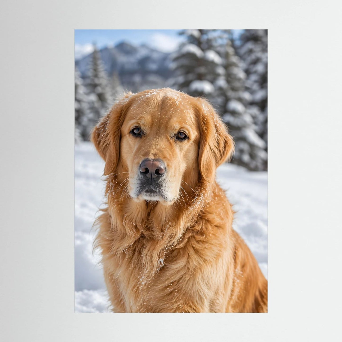 Hochformatiges Poster mit goldenem Retriever im Schnee (Nahaufnahme)