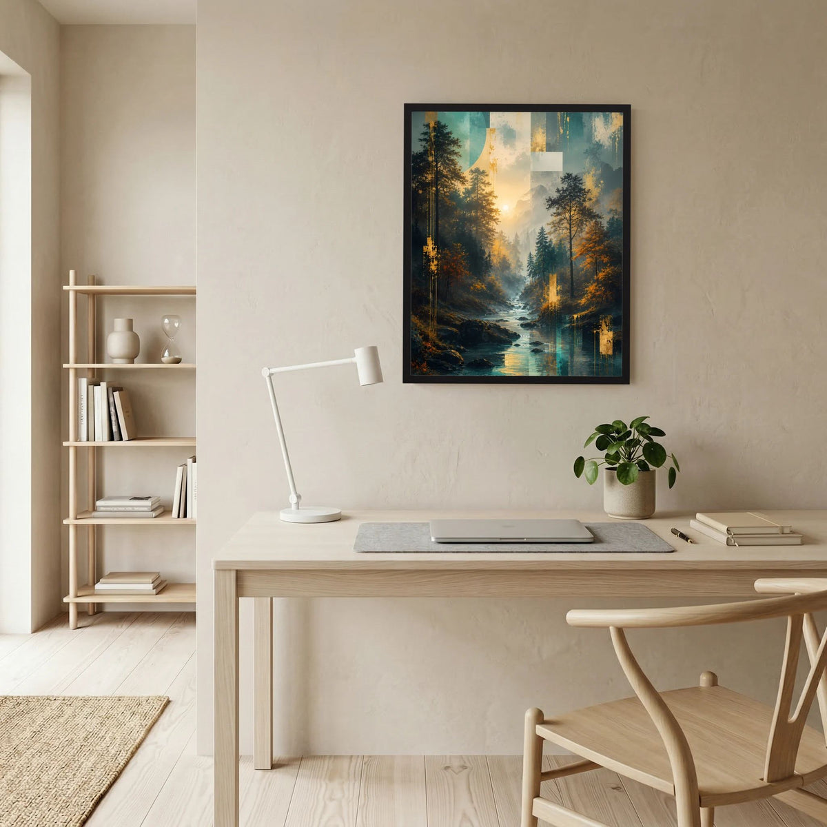 Wandposter mit Wald- und Flusslandschaft im dunklen Rahmen, Hochformat