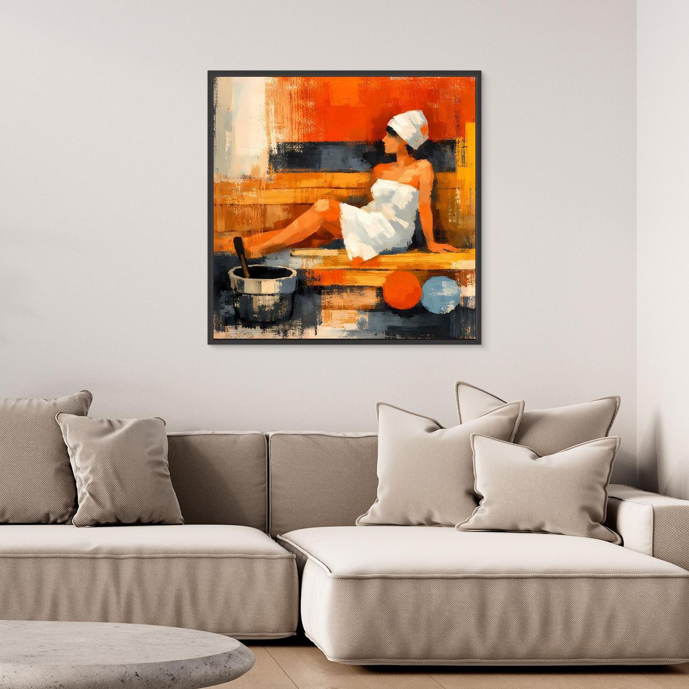 Abstract sauna woman framed canvas wall art with black border, orange and blue figure.