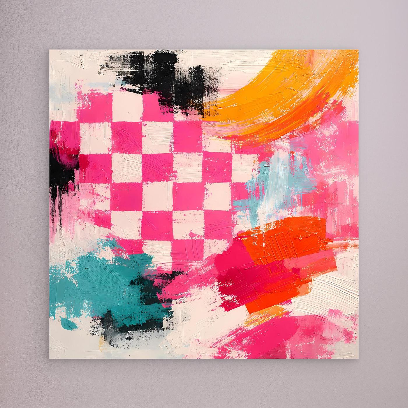 Abstraktes Leinwand-Wandbild mit Schachbrettmuster, pink-gelb-grün, ohne sichtbaren Rahmen.