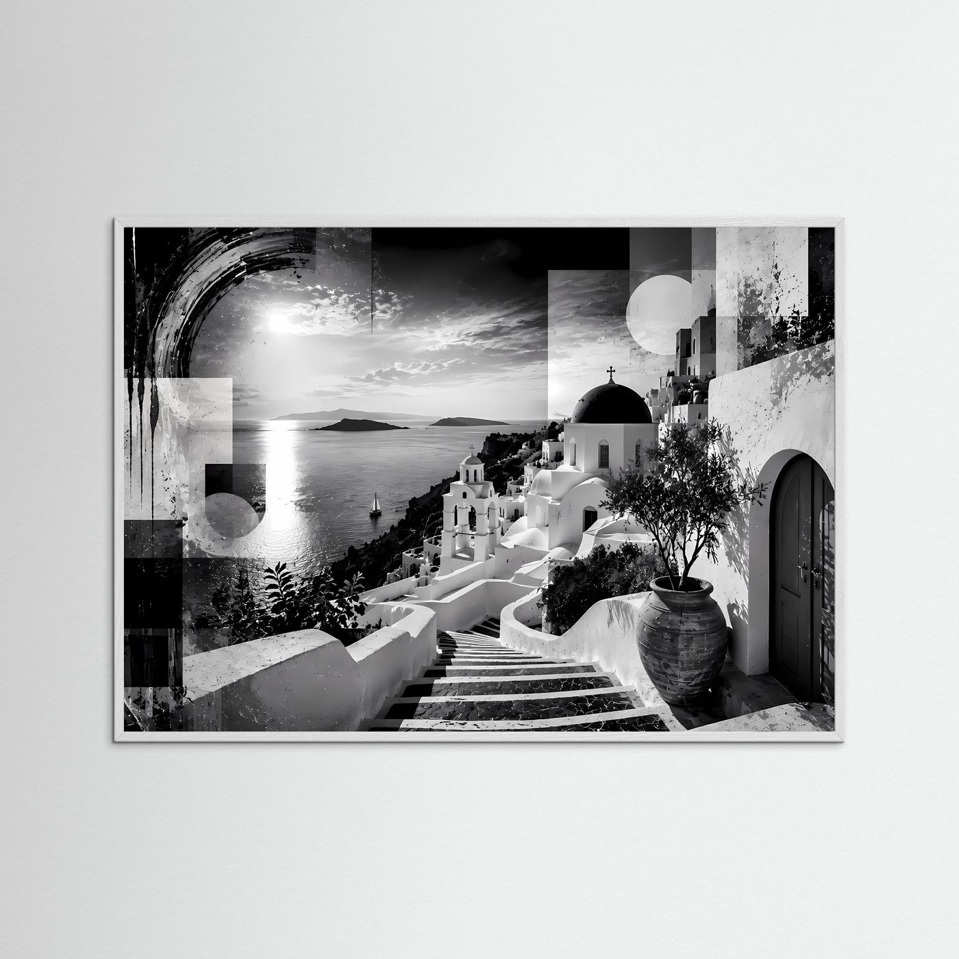 Santorini in Schwarz-Weiß | Abstrakte Griechenland Wandkunst mit Meerblick