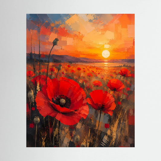 Hochformatiges Poster mit roten Mohnblumen im abstrakten Sonnenuntergang und orangefarbener Sonne