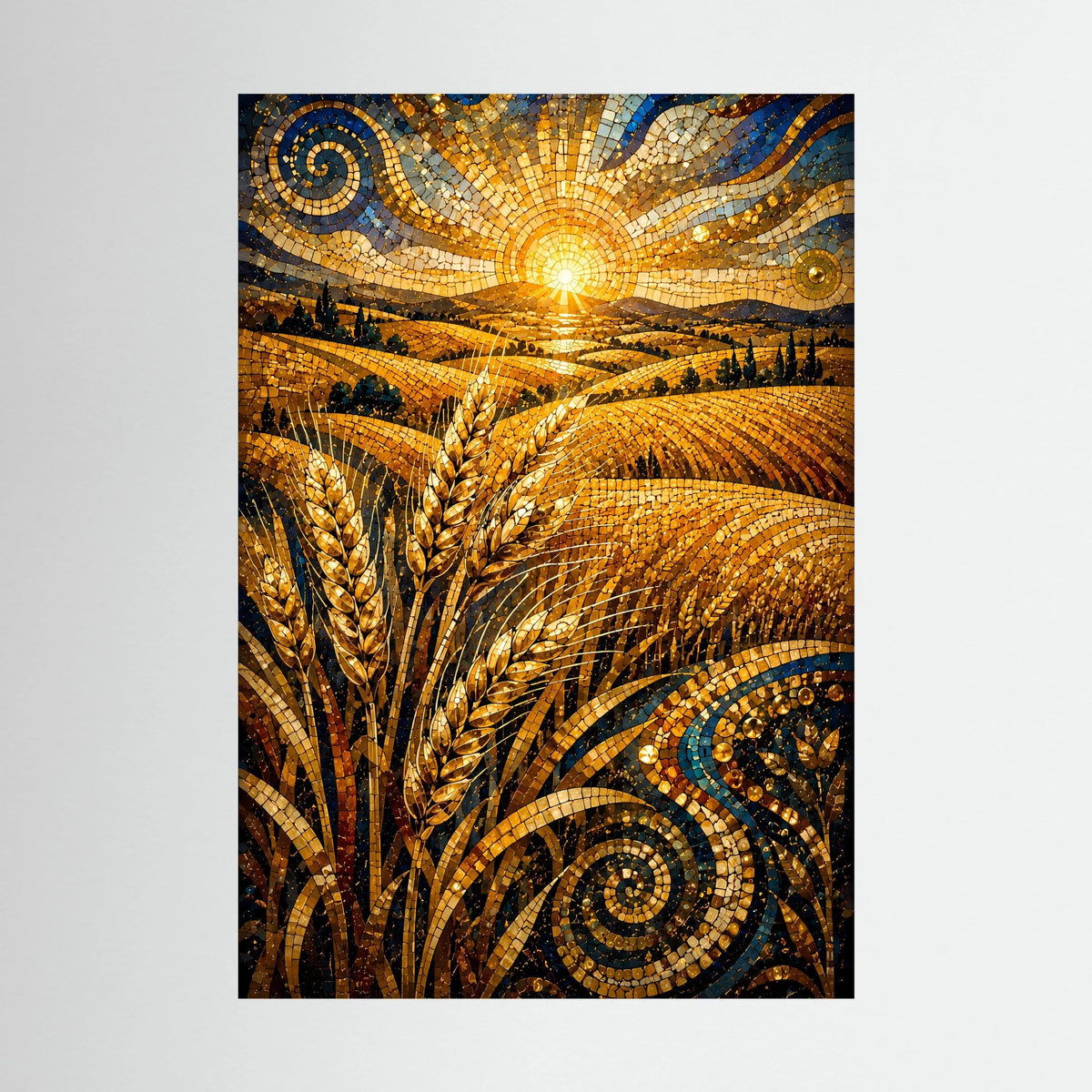 Poster im Hochformat mit goldenen Weizenähren im Mosaikstil und strahlender Sonne