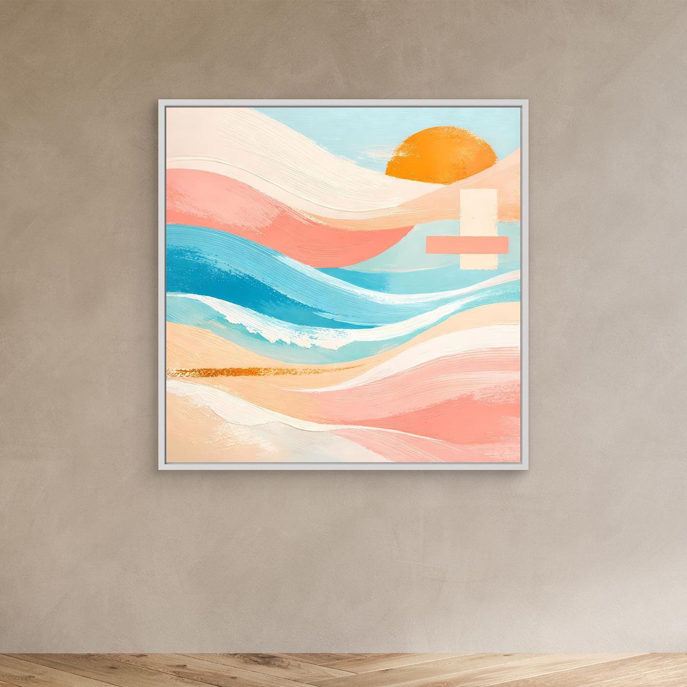 Abstraktes Leinwandbild mit Meer- und Sonnenmotiv im hellen silbergrauen Rahmen, Pastellfarben
