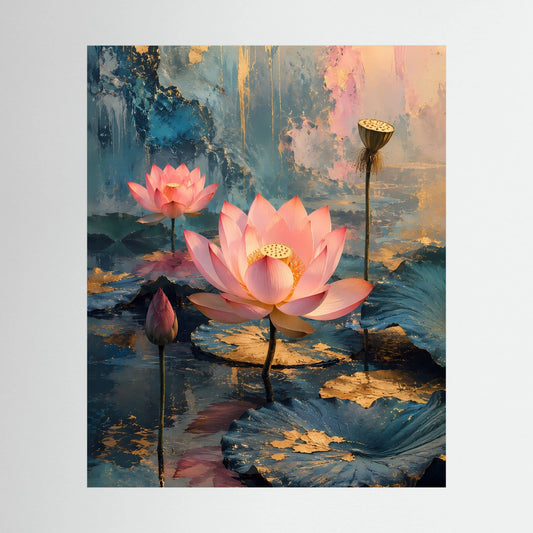 Poster mit rosa Lotusblüten und abstrakter Wasserlandschaft in Petrol und Gold