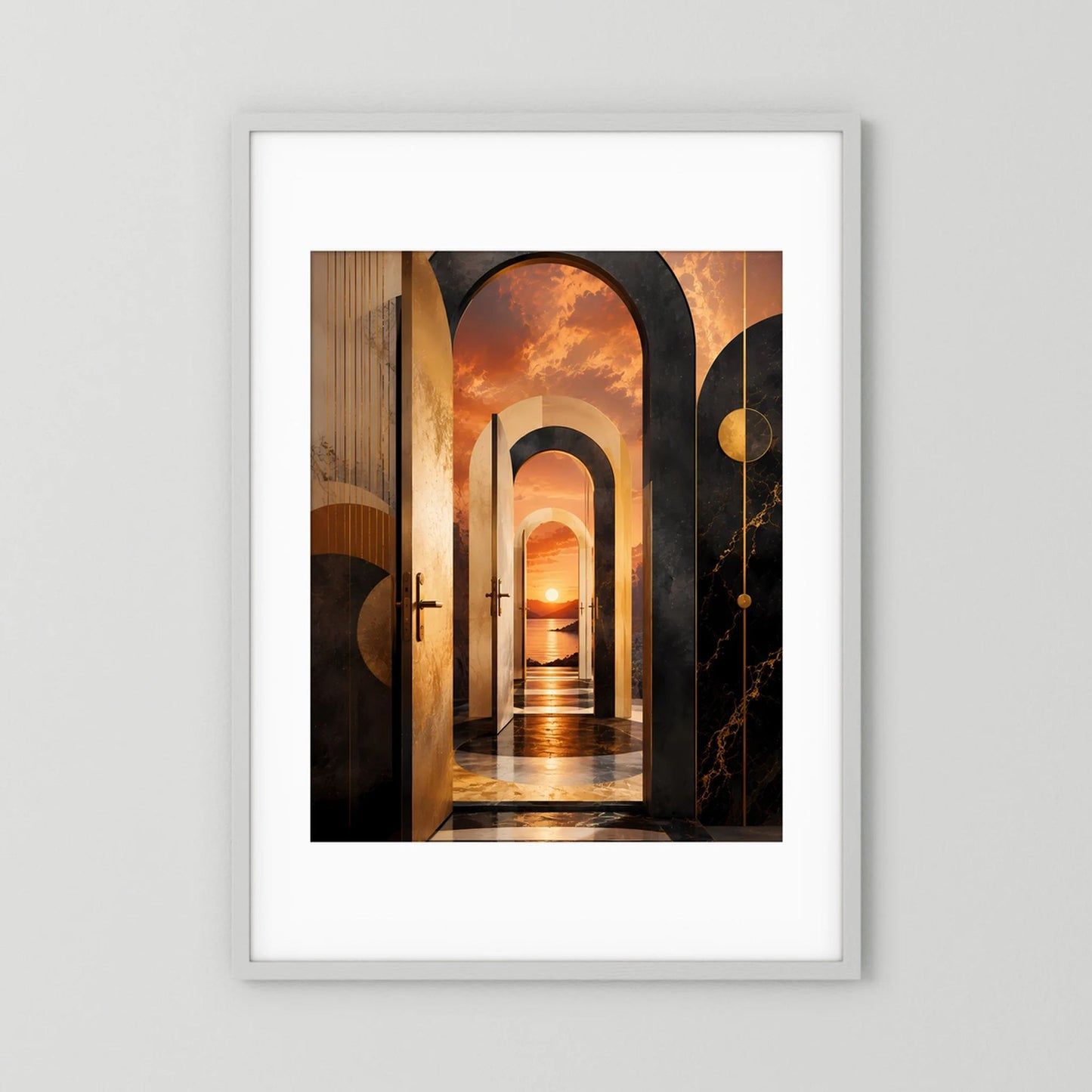 Hochformat-Poster mit surreale Architektur im Korridor, Schwarz/Creme, weißer Rahmen