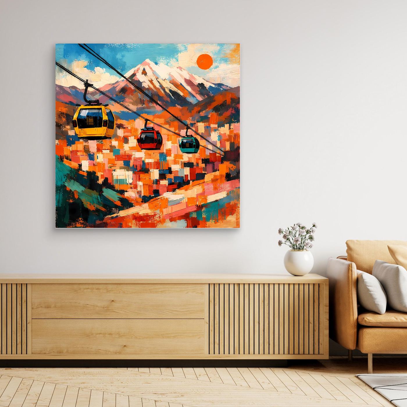 Abstraktes Wandbild mit Seilbahn und Bergen, strukturierte Farbfelder, dunkler Rahmen