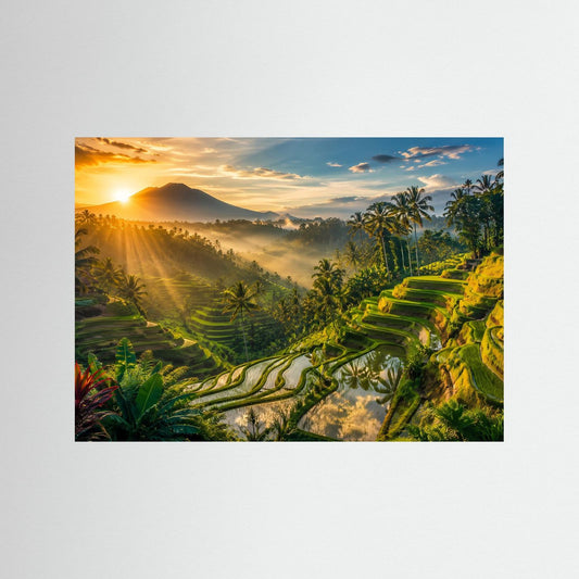 Horizontales Poster mit tropischen Reisterrassen bei Sonnenaufgang, Dschungelpanorama