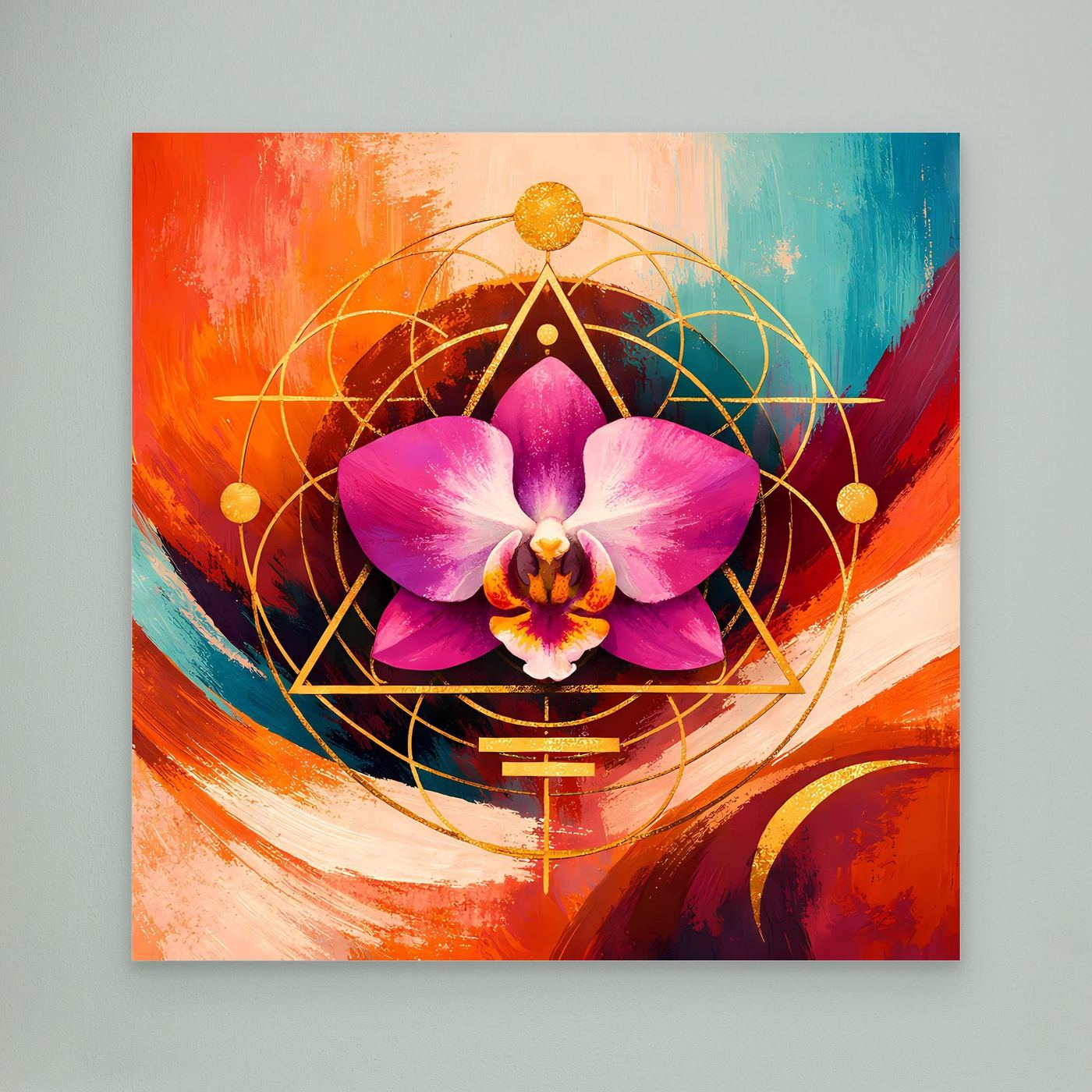 Leinwandbild mit lila Orchidee und goldener Geometrie im abstrakten Farbverlauf