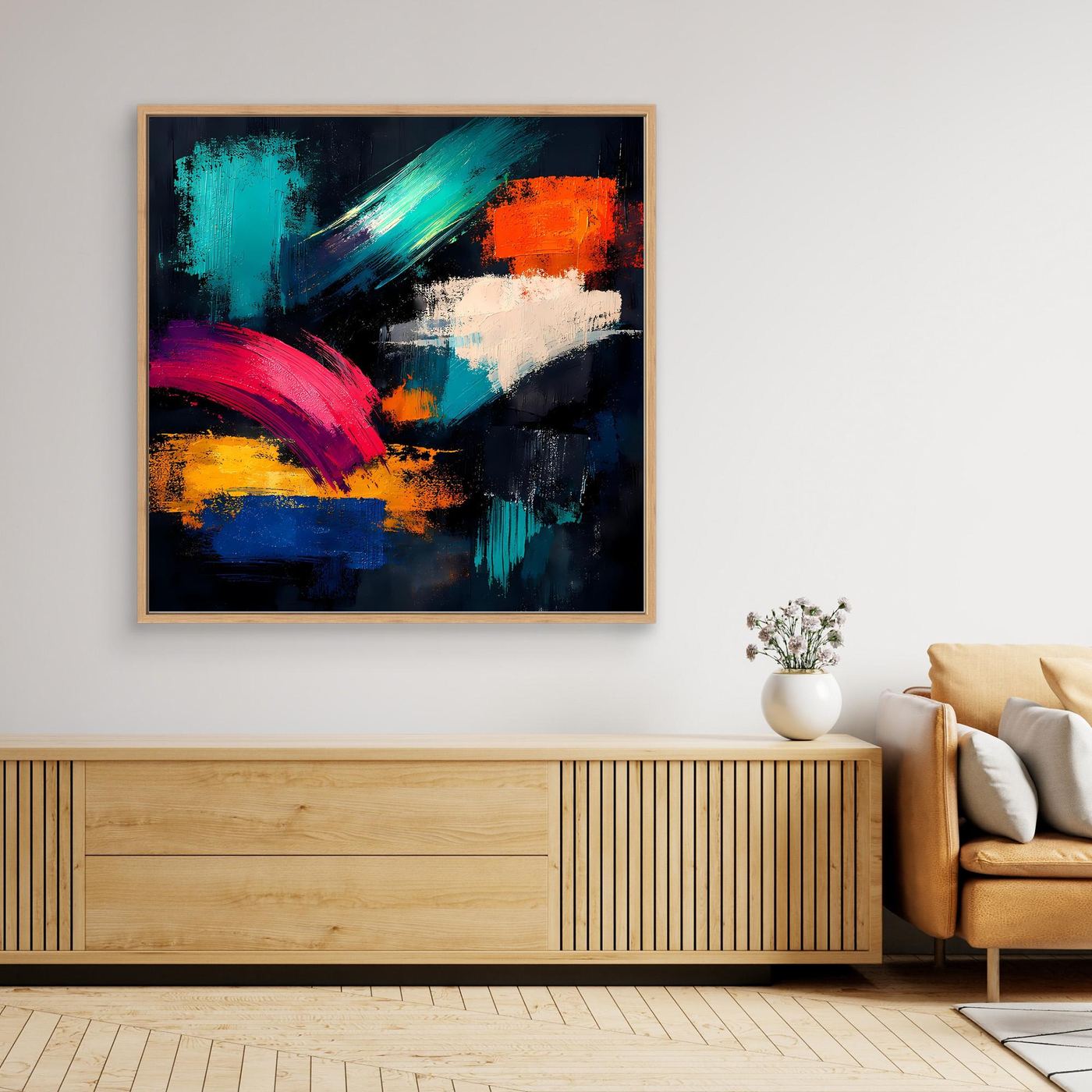 Abstraktes Leinwandbild mit bunten Pinselstrichen, heller Holzrahmen.