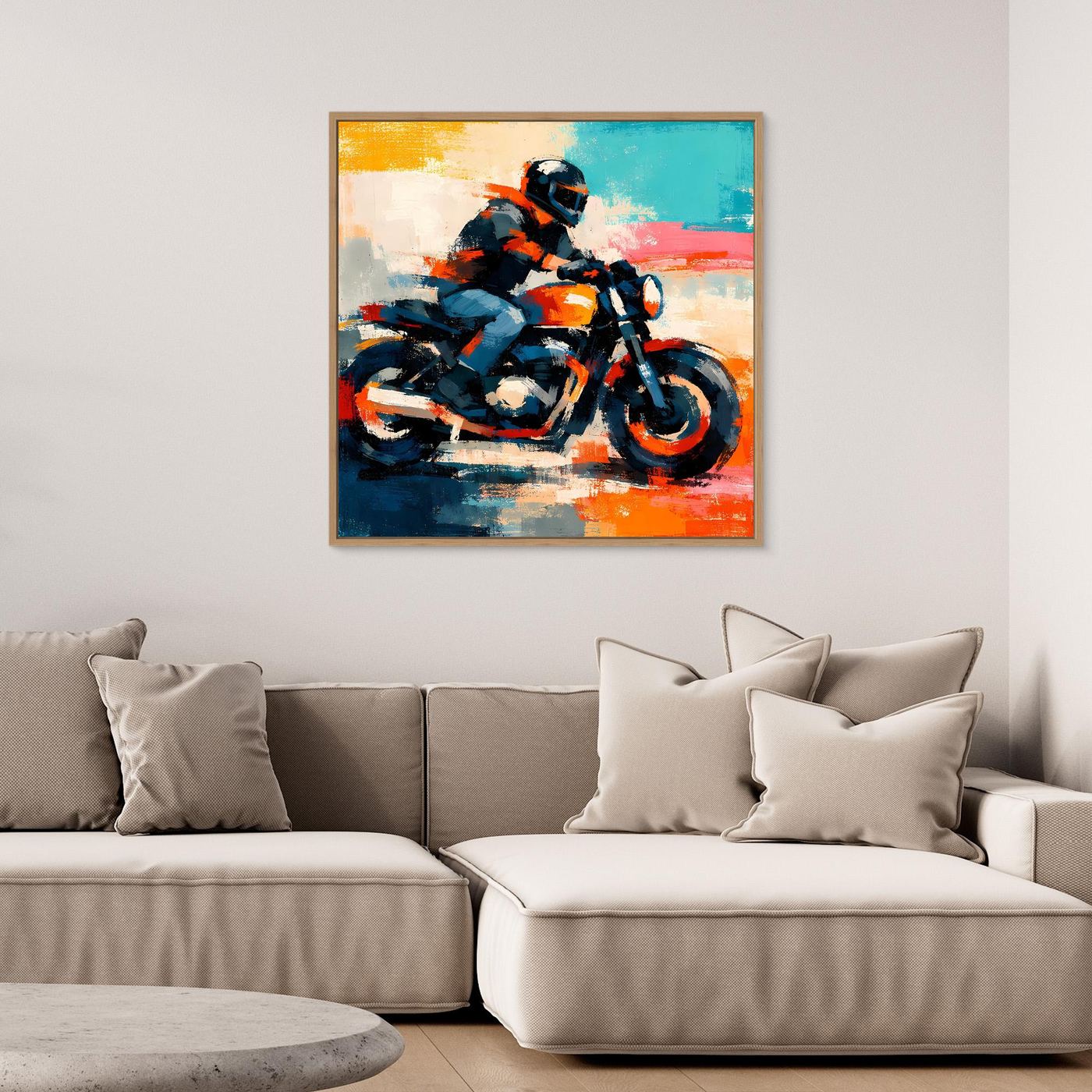 Framed abstract biker wall art featuring a dark motorcycle with orange highlights