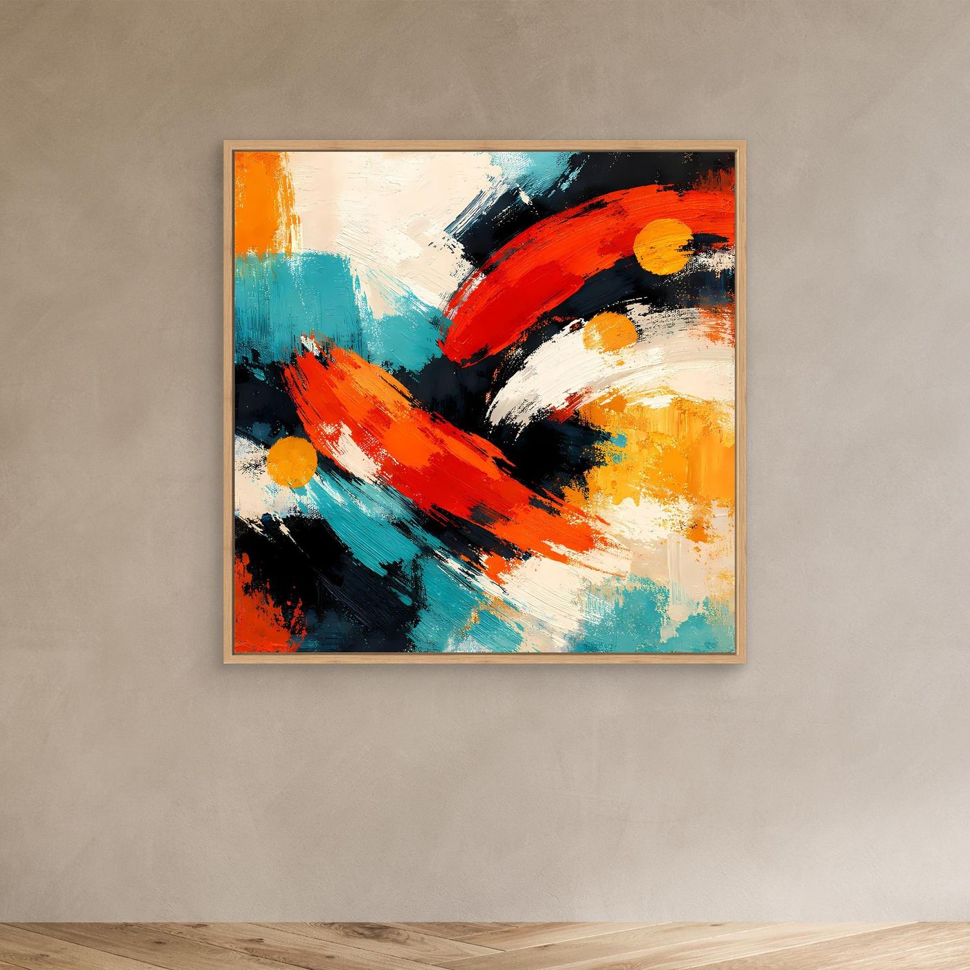 Abstraktes Leinwandbild mit orange-roten, türkisfarbenen und schwarzen Pinselstrichen und gelben Punkten