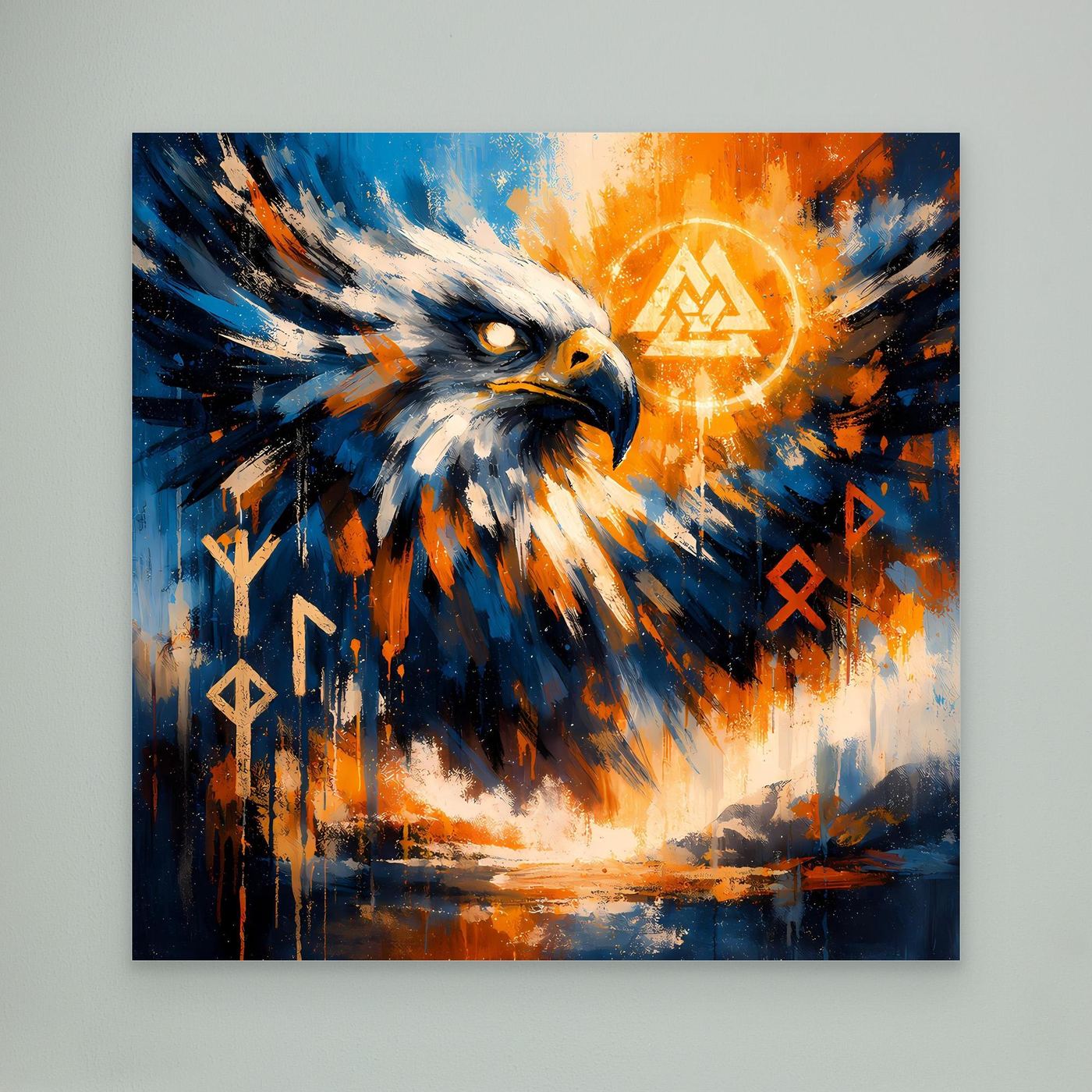 Abstraktes Adler-Leinwandbild mit nordischen Runen und Sonnensymbol, ungerahmt