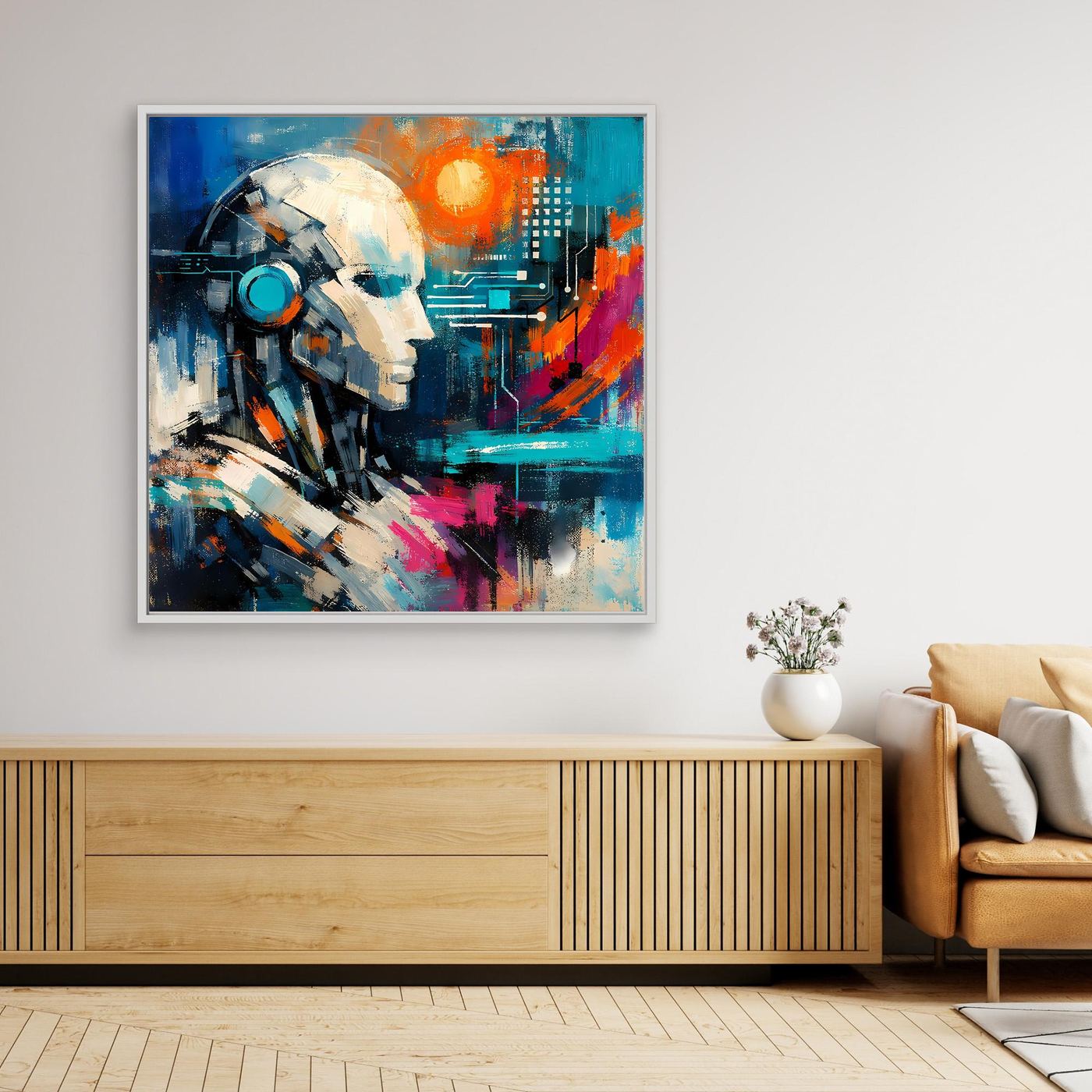 Framed canvas wall art with abstract cyber design, blue and orange, dark border