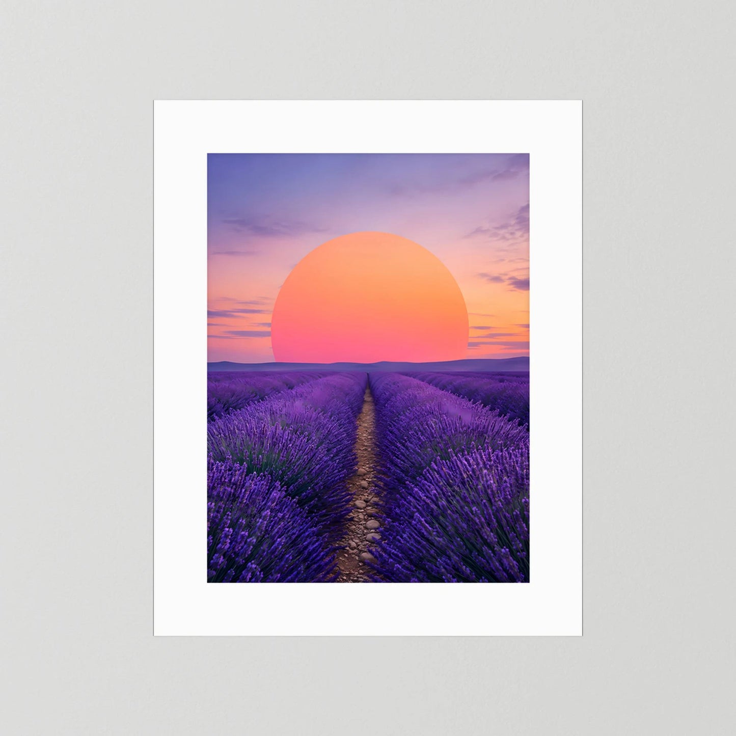 Hochformat-Poster mit weißem Passepartout: lila Lavendelfeld und orangefarbene Sonne