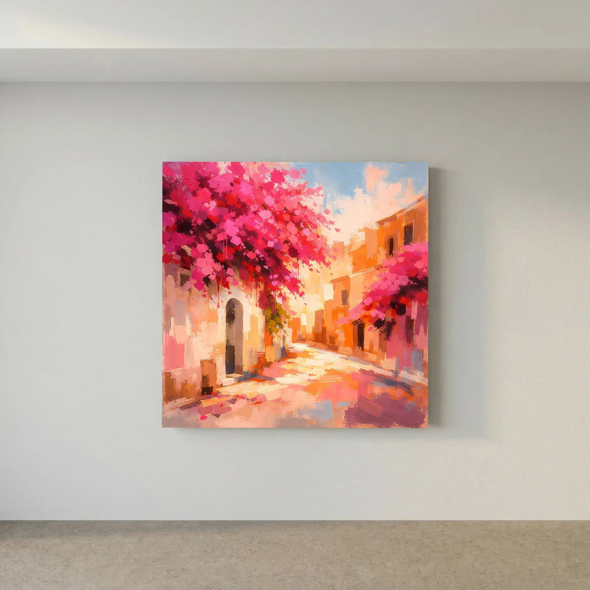 Abstraktes Leinwandbild mit mediterraner Gasse, rosa Blütenlaub und warmen Farbflächen
