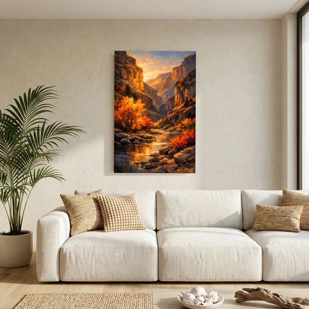 Wandbild im Hochformat mit Canyonlandschaft, Fluss und orangefarbenen Herbstbäumen bei Abendlicht