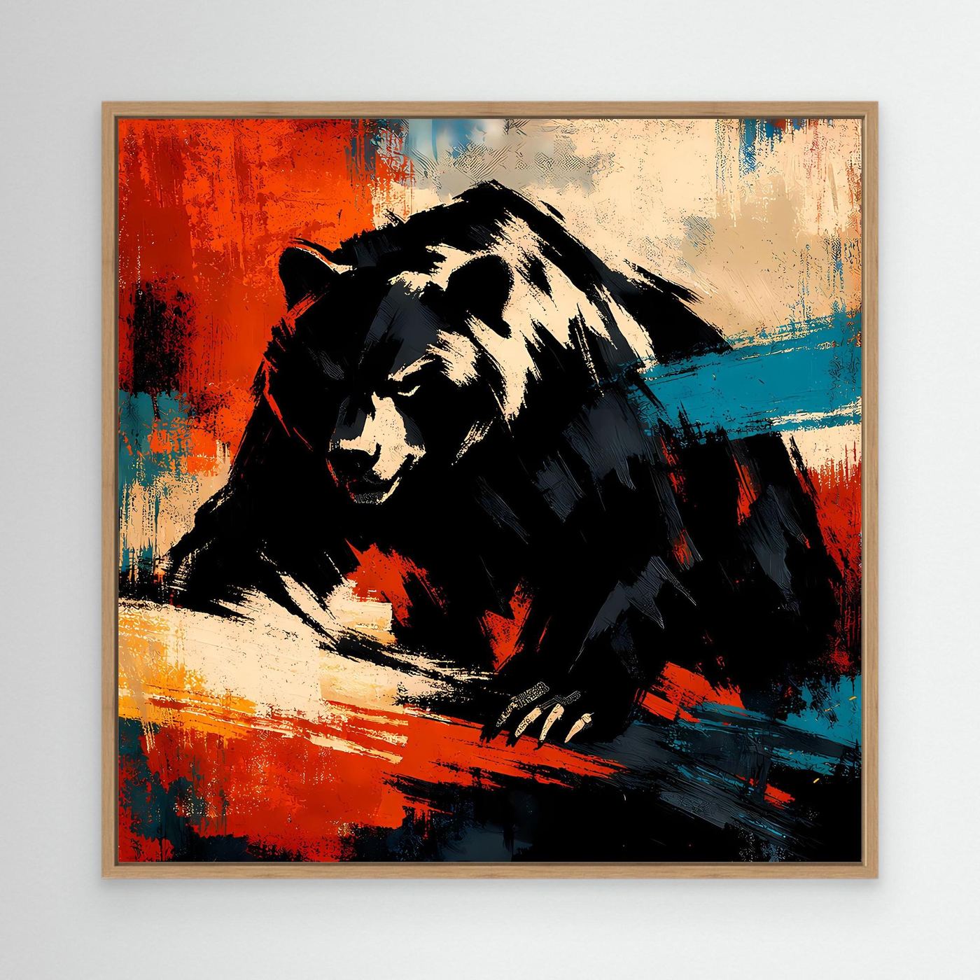 Leinwand-Wandbild mit Grizzlybär im Holzrahmen, abstrakte Farben in Rot und Blau
