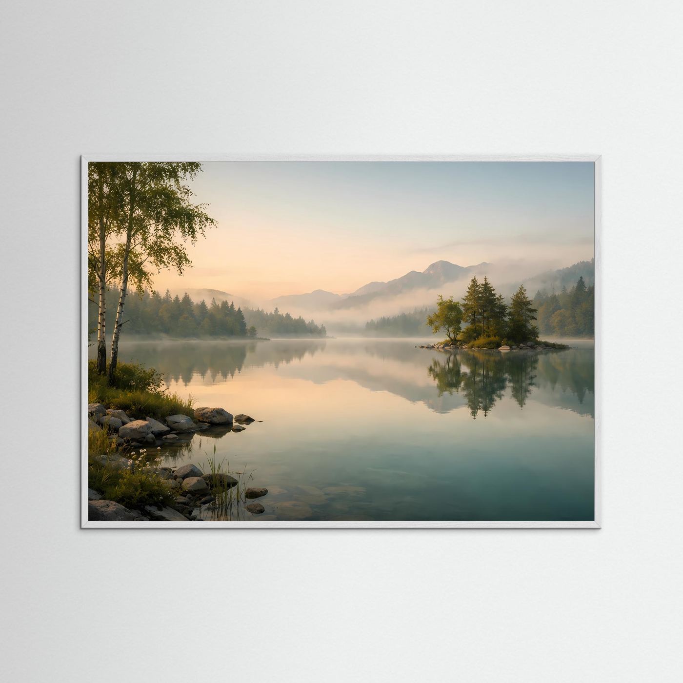 Nebliger Morgen am Bergsee | Idylle & Natur Poster Querformat