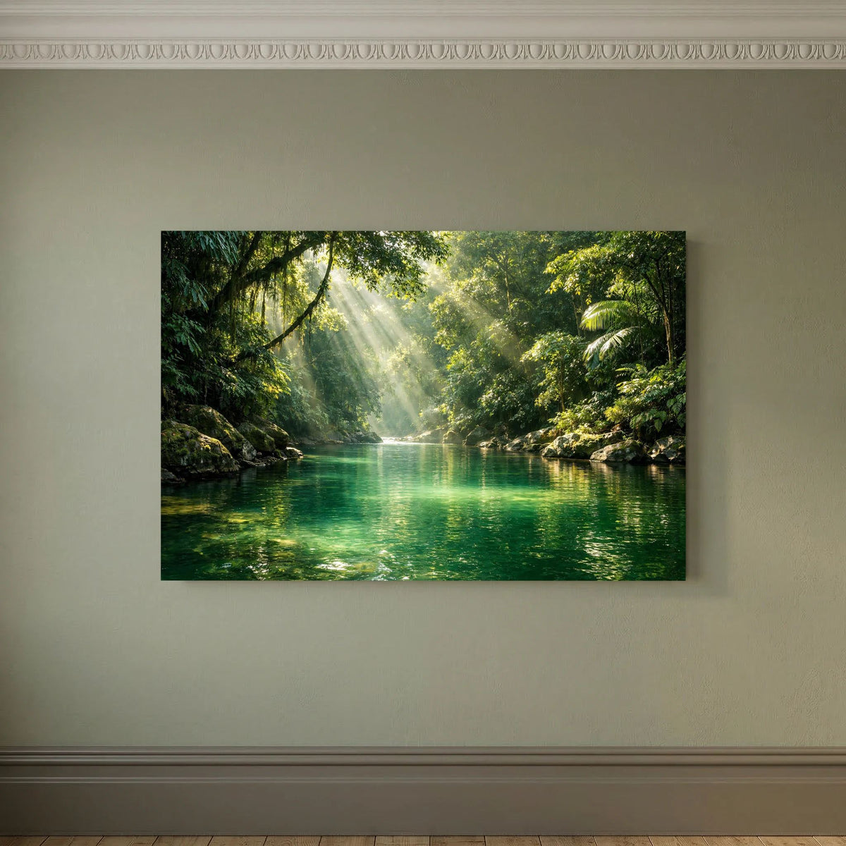 Poster Dschungel-Flusslandschaft im Querformat, Fluss im Lichtkegel mit Ufervegetation