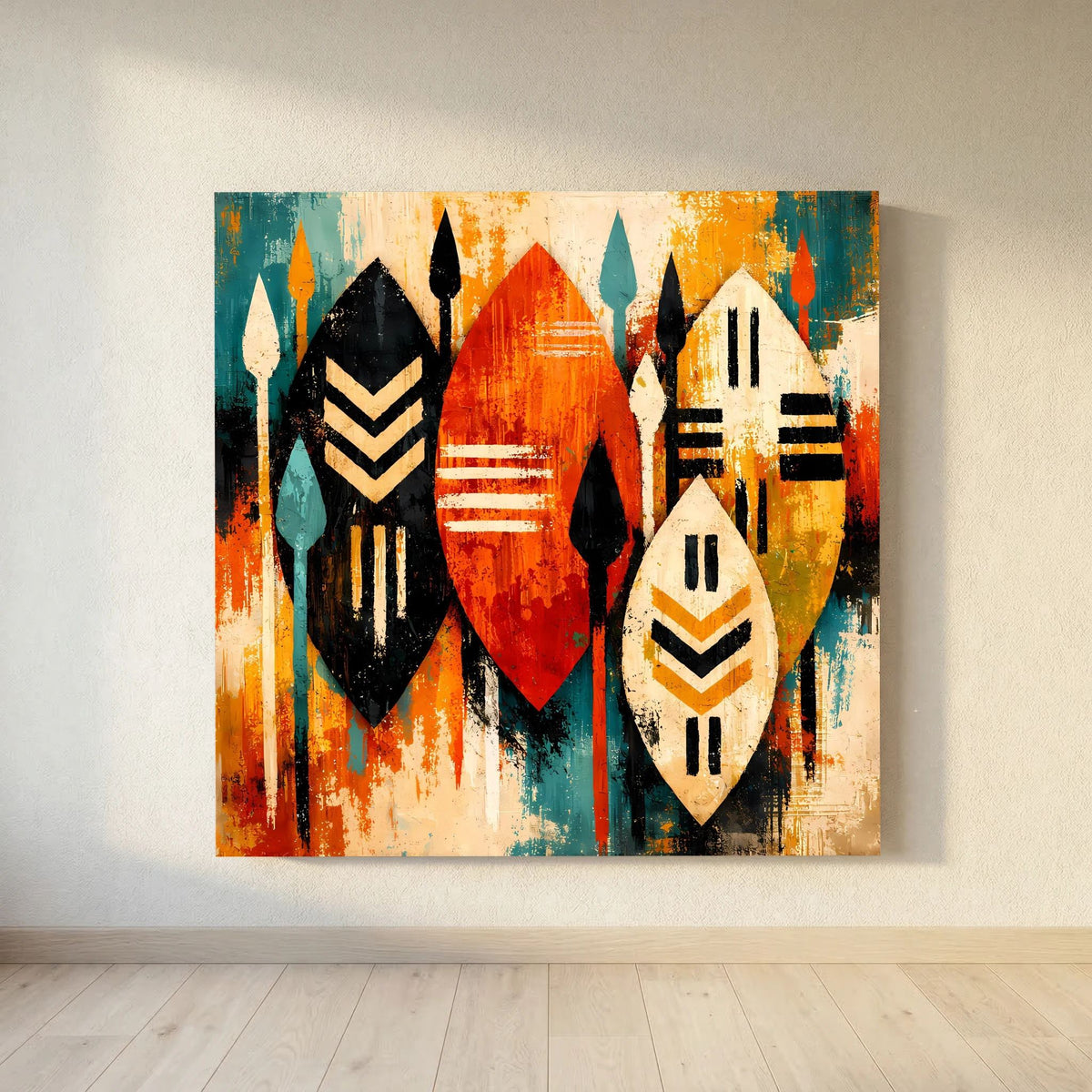 Leinwand-Wandbild mit vierfachem Motiv: schwarze und weiße Schilde vor buntem Farbverlauf