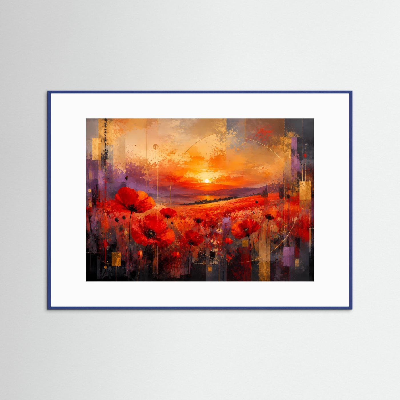 Mohnblumenfeld bei Sonnenuntergang Poster Querformat | Abstrakte Landschaft mit roten Mohnblumen | Modernes Wandbild in Rot, Orange & Gold