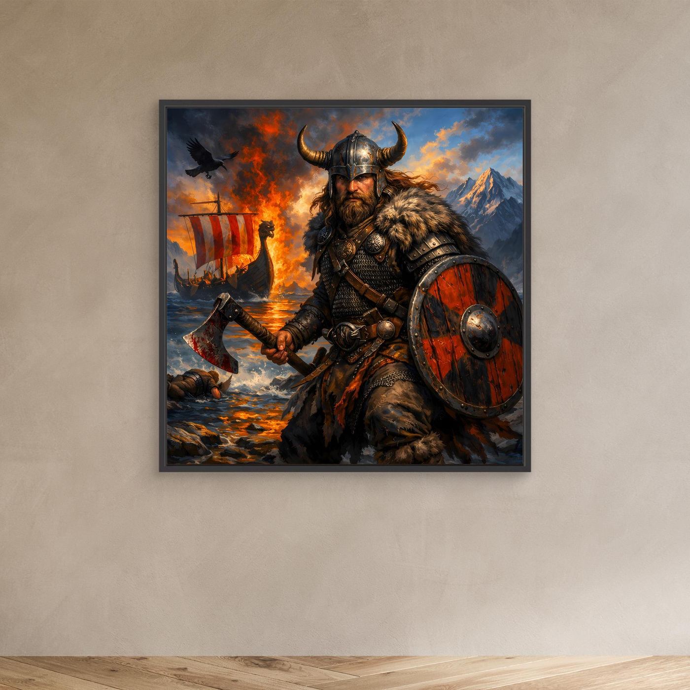 Leinwand Epischer Wikinger-Krieger an der Küste | Modernes Nordisches Wandbild