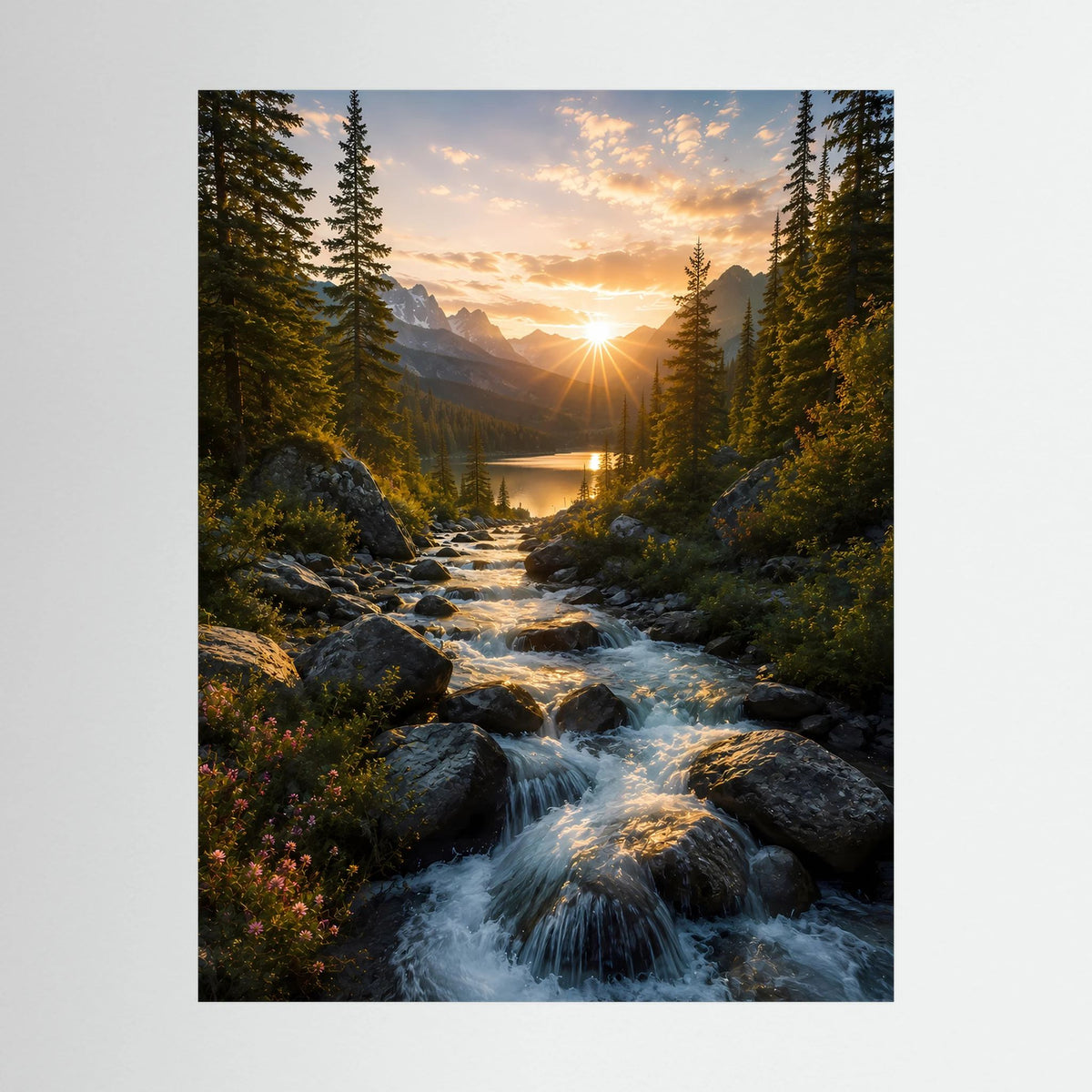 Poster im Hochformat mit Landschaft aus Wald, Bach und See bei Sonnenuntergang