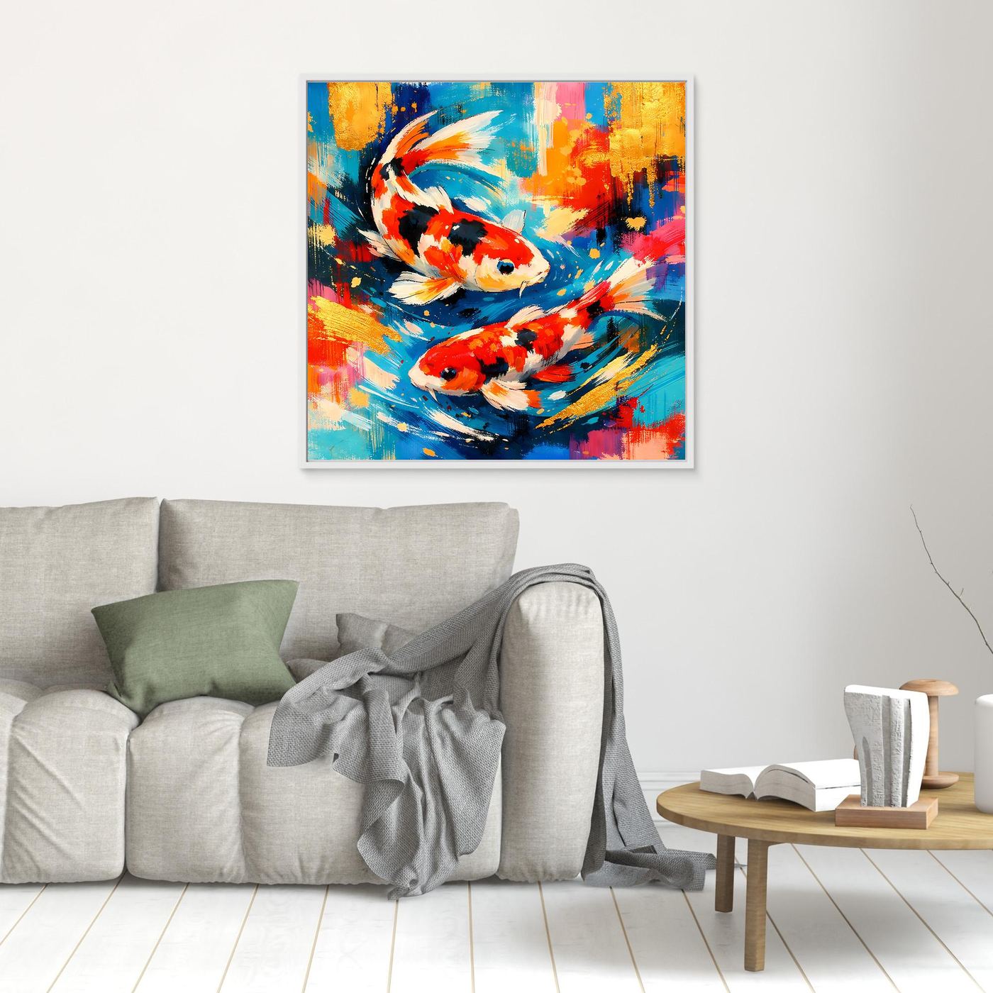 Kleines Leinwandbild mit bunten Koi-Fischen im abstrakten Pinselstil, weiß gerahmt