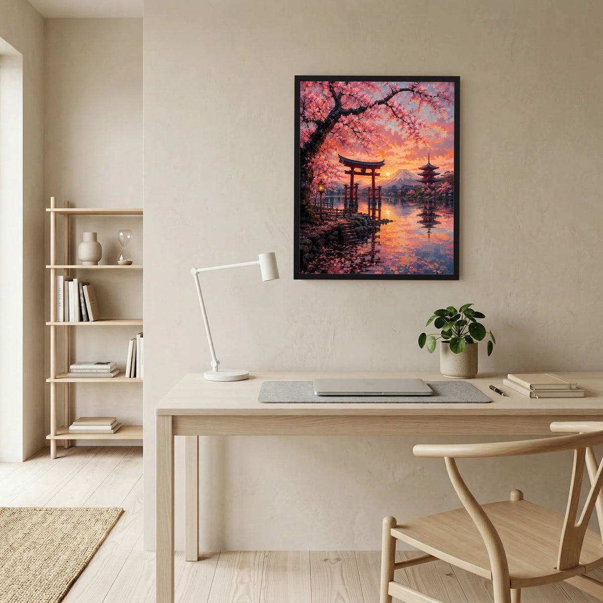 Wandposter im schwarzen Rahmen mit Torii, Kirschblüten, Pagode und Berg im Sonnenuntergang