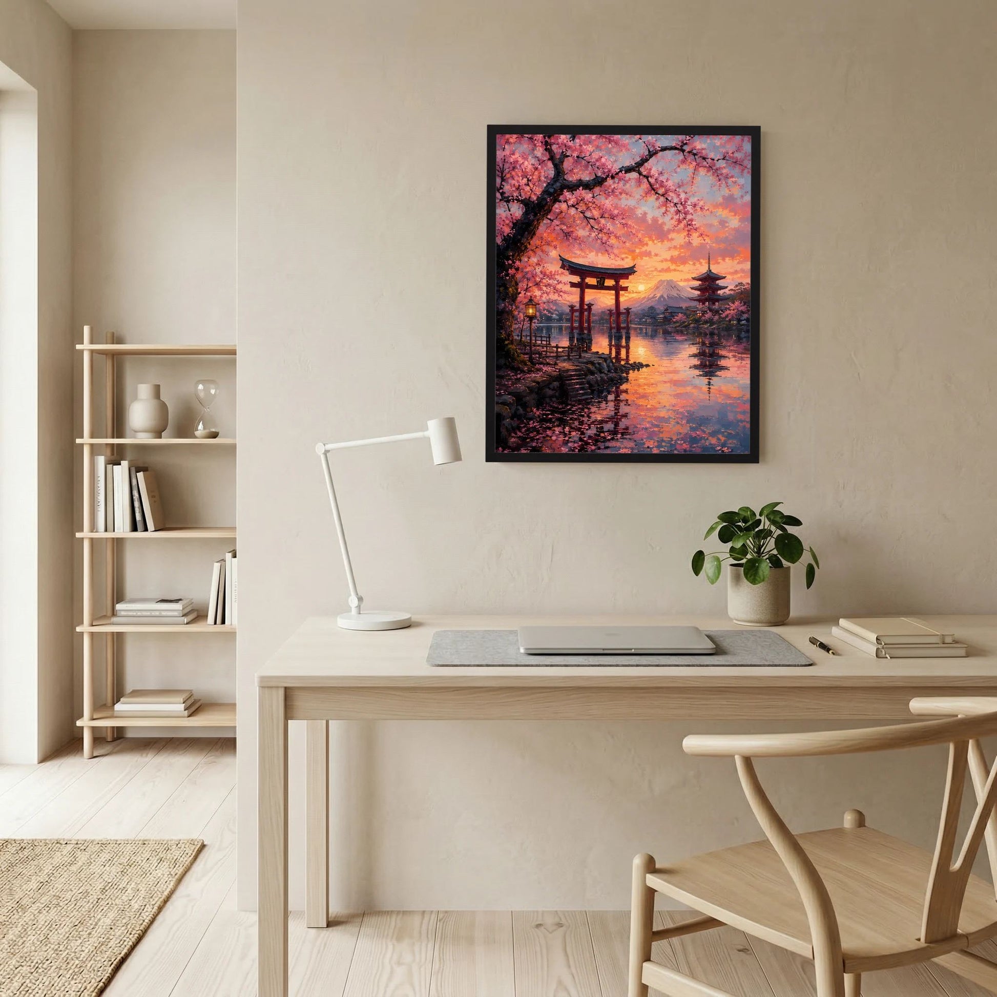 Wandposter im schwarzen Rahmen mit Torii, Kirschblüten, Pagode und Berg im Sonnenuntergang