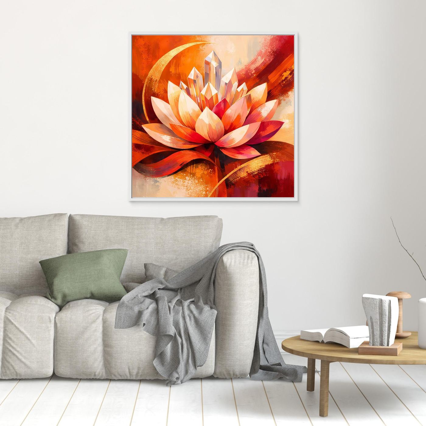 Abstraktes Leinwandbild mit Lotusblüte in Orange und Rot, weißer Rahmen