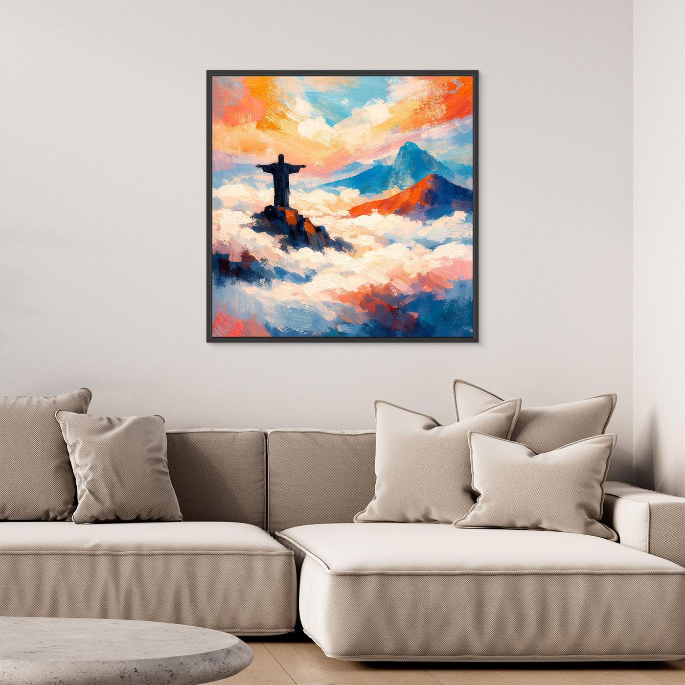 Leinwand-Wandbild mit Kreuz über Wolken und Berg, dunkler Rahmen, abstrakte Farben