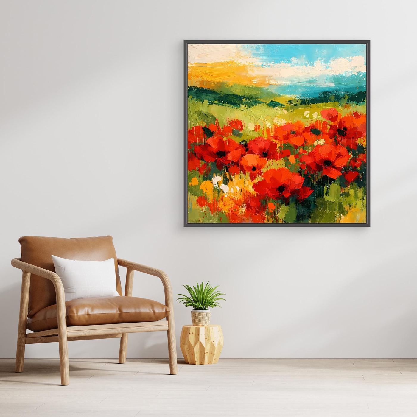 Poppy field canvas wall art with black frame, square red flower landscape