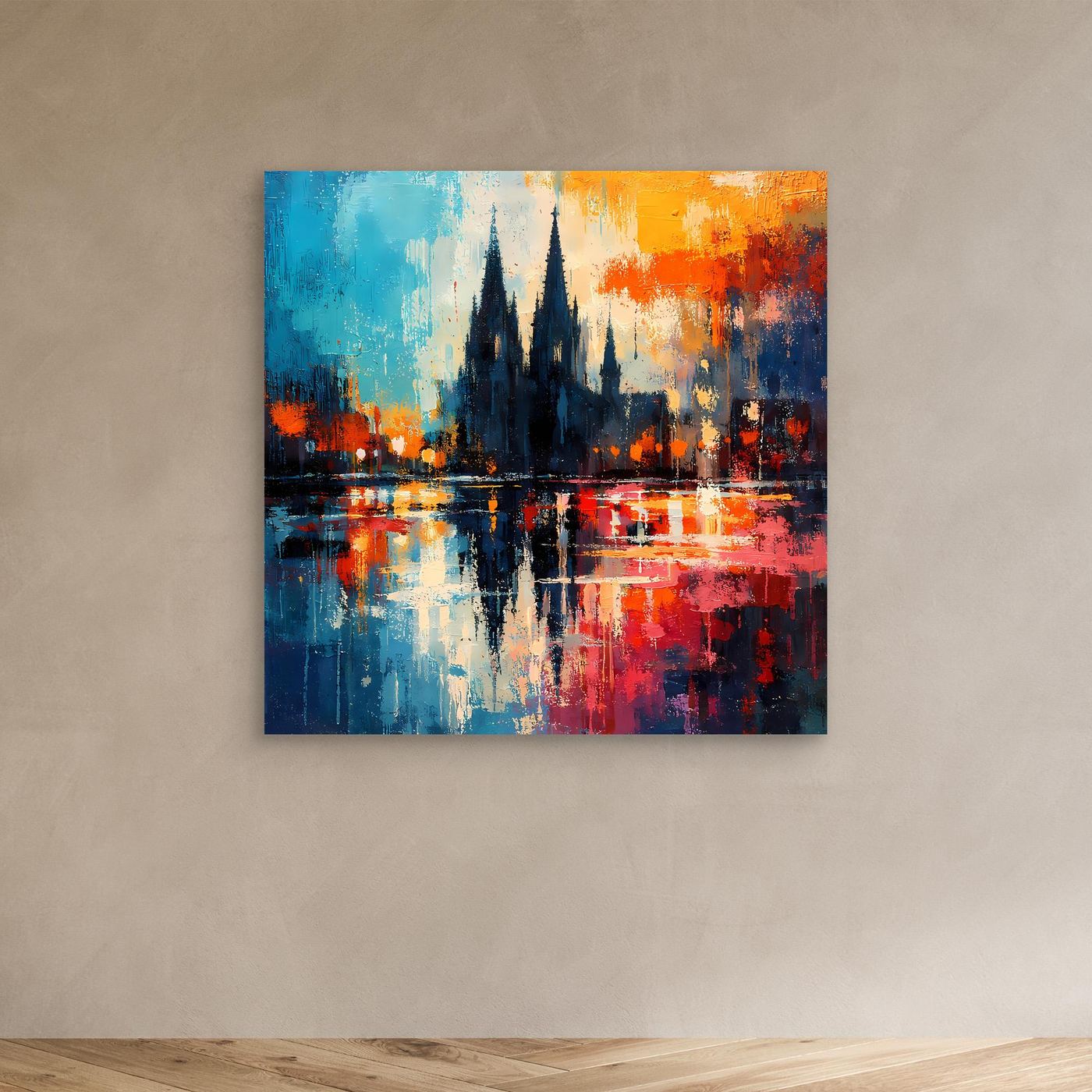 Abstraktes Leinwandbild mit Kathedraltürmen, reflektierendem Fluss und kräftigen Farbflächen