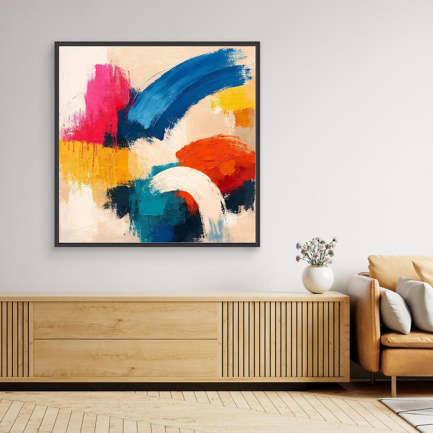 Abstract colorful canvas painting with bold brush strokes, dark black frame.