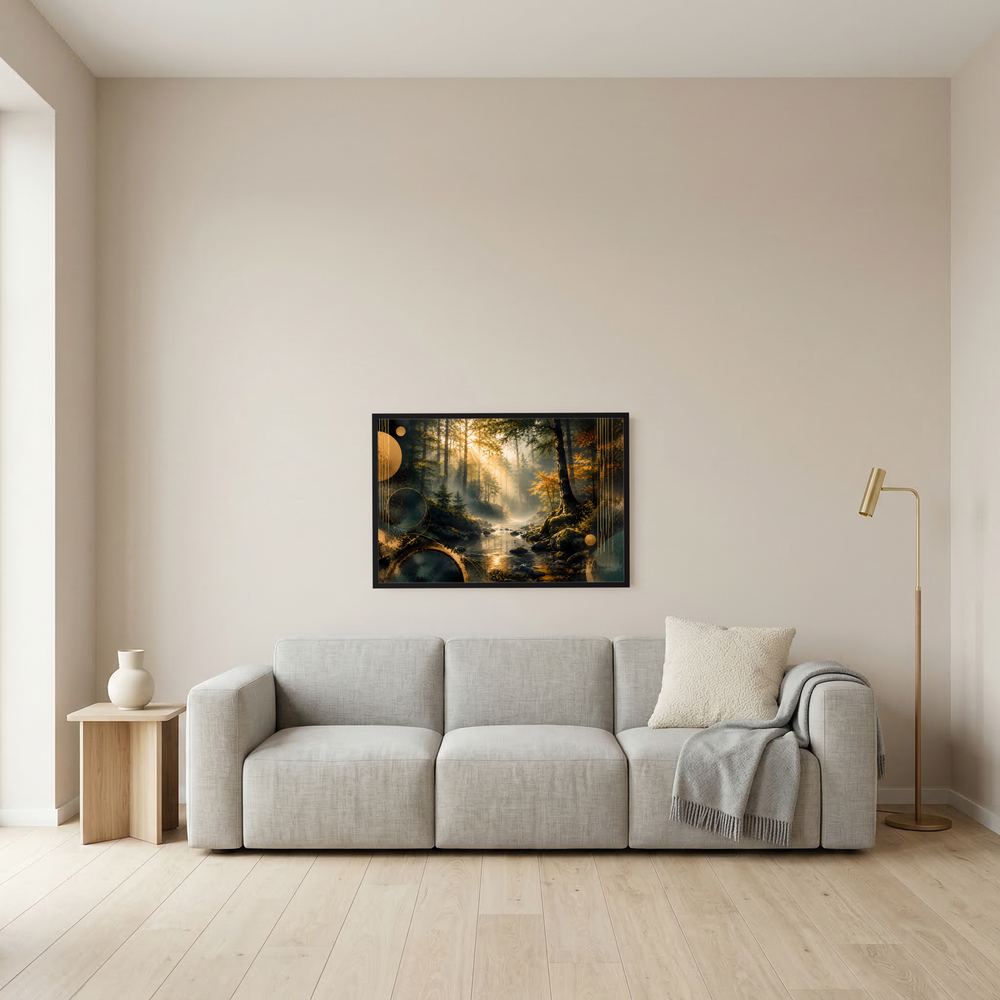 Wand-Poster im dunklen Rahmen mit Wald und Bachlauf, goldener Schein, stilisierte Kreise