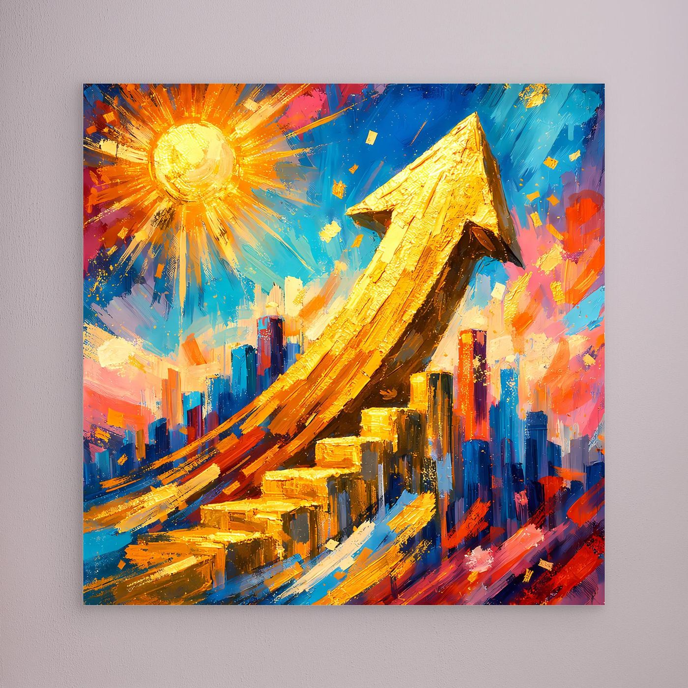 Leinwandbild mit goldener Pfeil-Skyline, leuchtenden Farben und abstrakten Details
