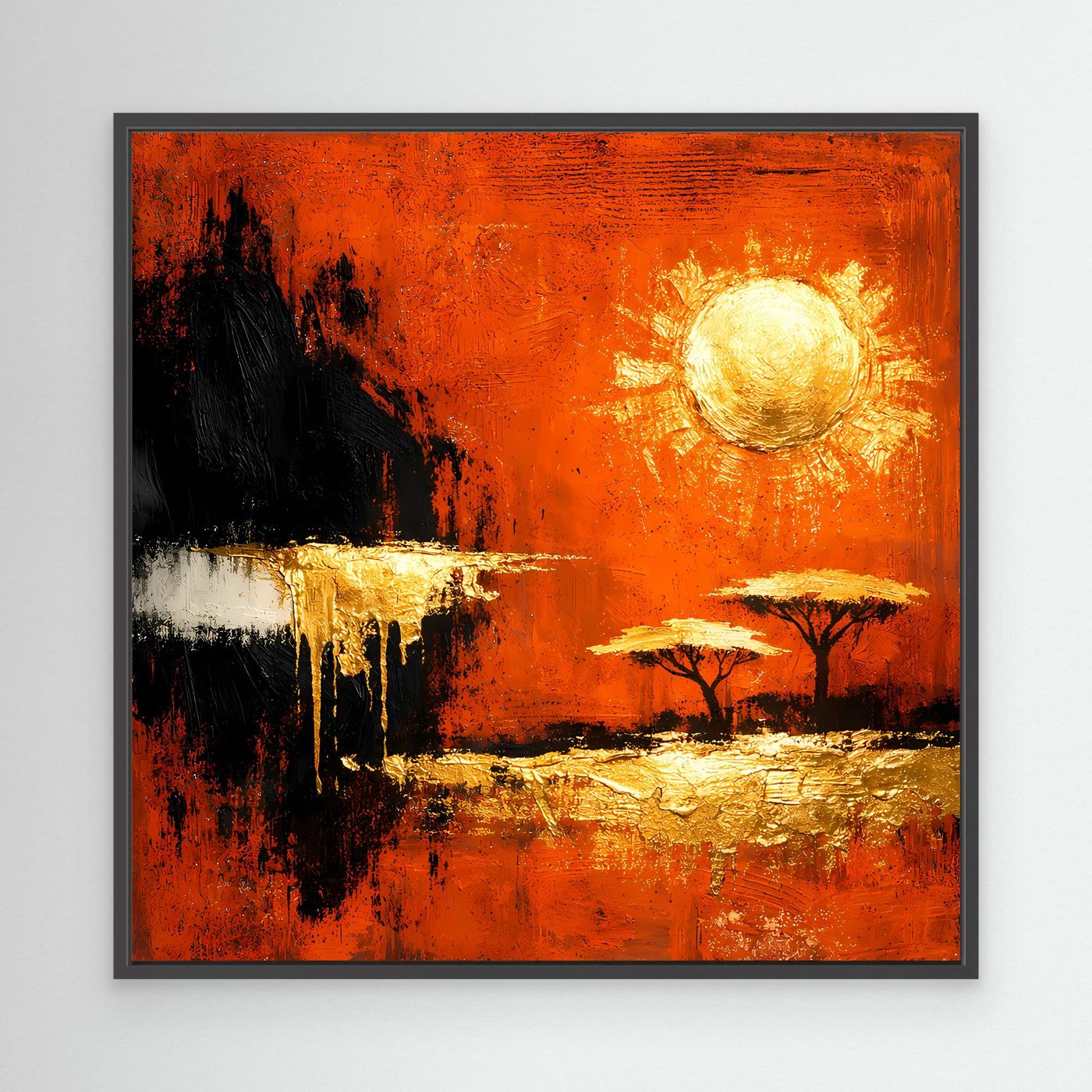 Leinwand Abstrakte Savanne bei Sonnenuntergang | Modernes Afrika Wandbild in Rot und Gold
