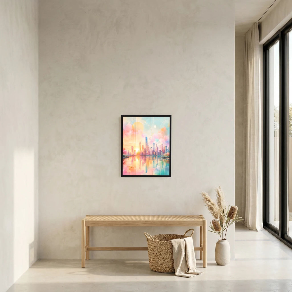 Kunstposter Hochformat mit abstrakter Skyline am Wasser in Pastellfarben, schwarzer Holzrahmen