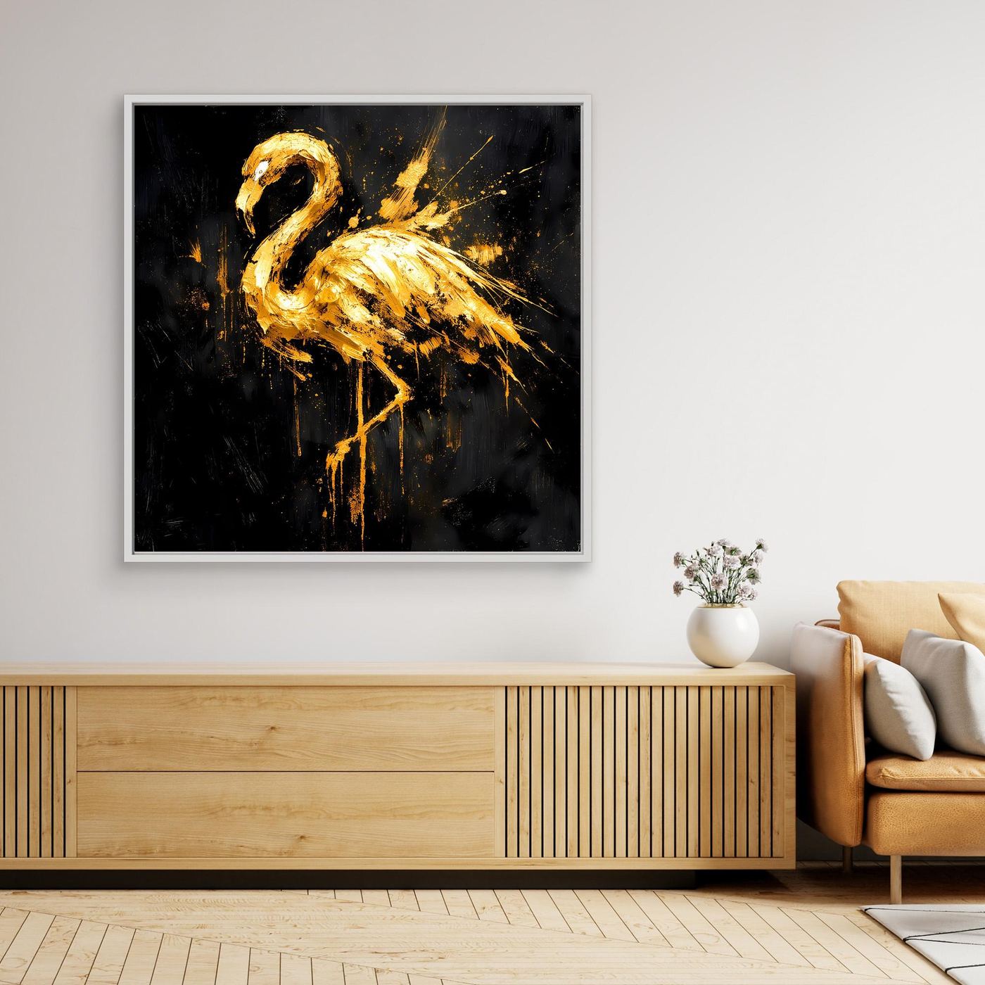 Leinwand Goldener Flamingo auf Schwarz | Abstraktes Modernes Tier Wandbild Kunst