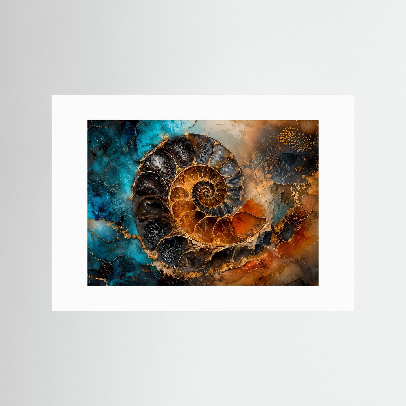 Geometrie der Zeit | Abstraktes Ammonit Fossil Poster mit Gold- und Ozean-Akzenten
