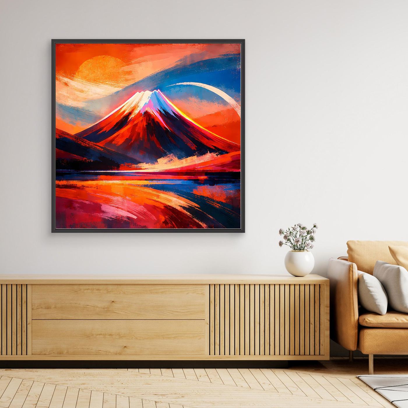 Gerahmtes Leinwand-Wandbild: abstrakter Berg bei Sonnenuntergang, schwarzer Rahmen