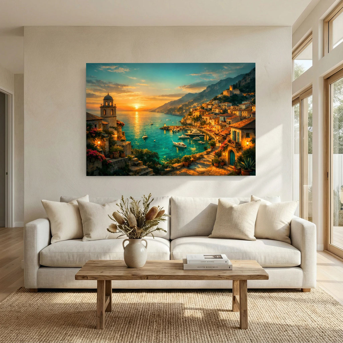 Querformatiges Wandbild mit Sonnenuntergang, Meer und Küstenhaus-Reihe entlang einer Bucht