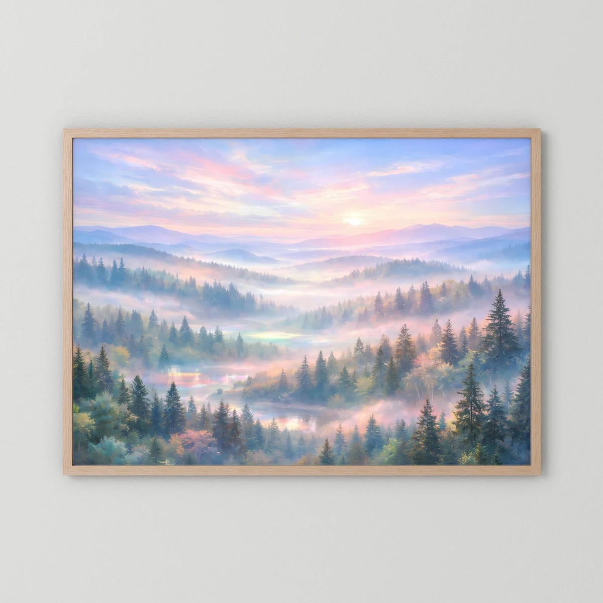 Wandposter querformat mit Waldlandschaft im Morgendunst, helle Holzumrandung